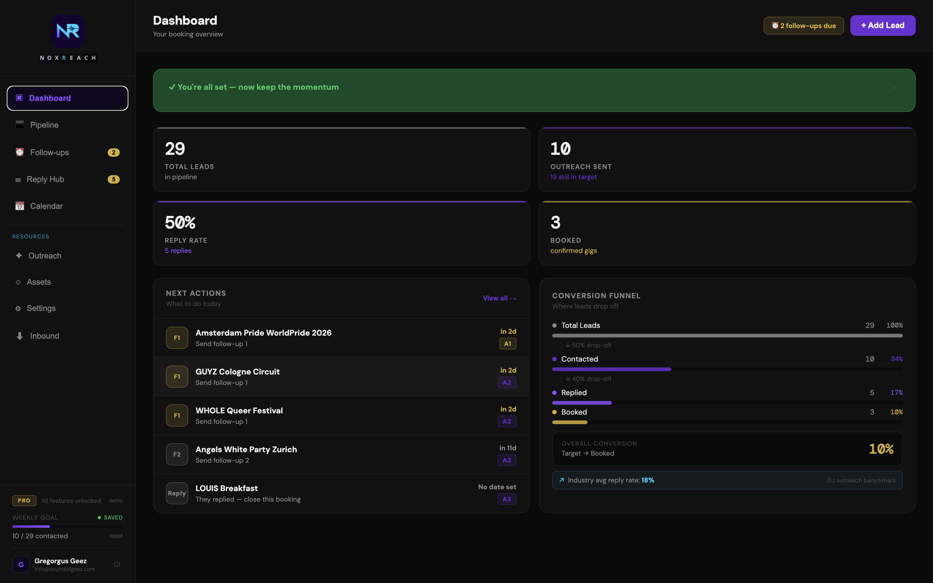 Dashboard view in NoxReach